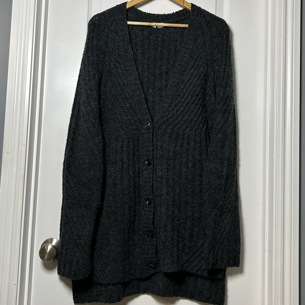 Anthropologie Moth Black Wool Blend Ribbed Button Up‎ Cardigan Tunic Cozy Style